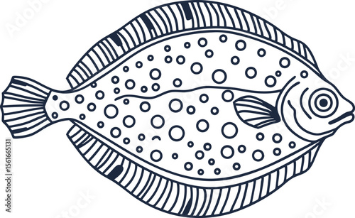 Outline illustration of flat fish flounder with spots, fins, detailed lines marine animal, seafood concept, hand drawn