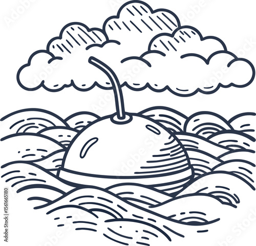 Cherry fruit floating on water among waves with clouds in the sky minimalist hand drawn illustration