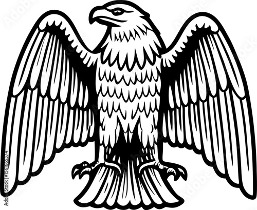 Majestic eagle illustration with wings spread wide, detailed black and white bird art, symbol of power and freedom
