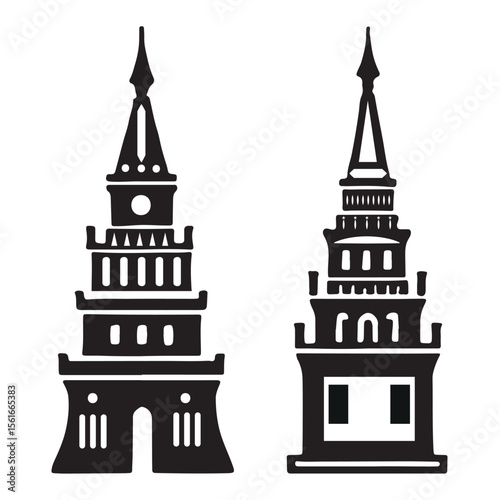 Two stylized black silhouettes of historical towers with sharp spires on a white background