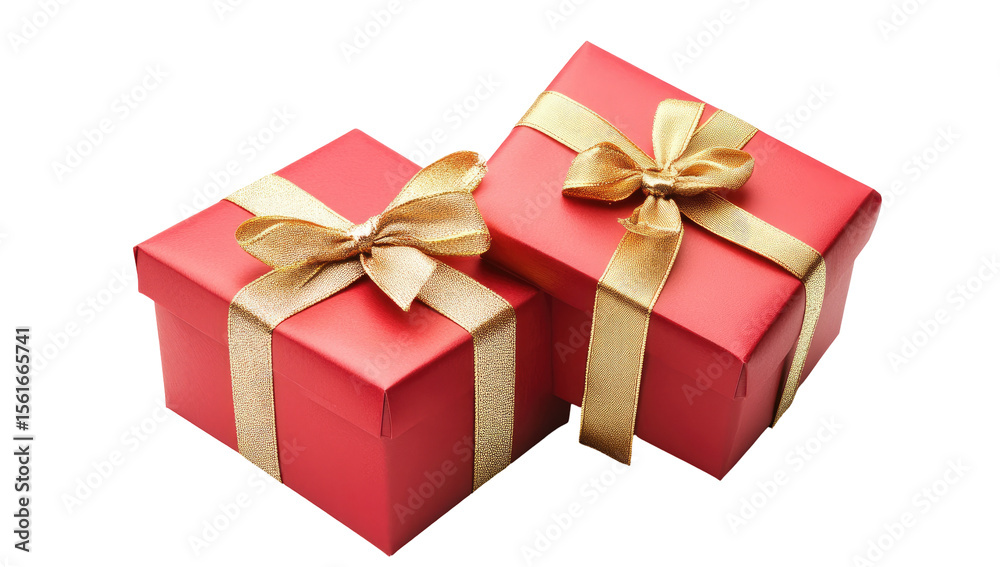 Obraz premium Two red gift boxes, gold ribbon