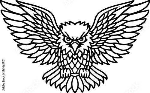 Majestic owl with outstretched wings in symmetrical flight fierce eyes, detailed feather pattern, black outline