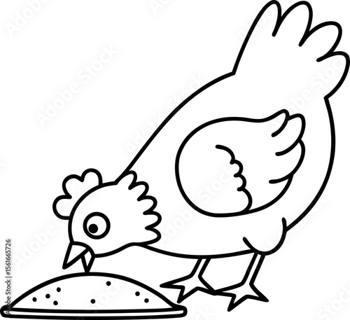Chicken pecking grain outline farm animal, poultry pecking feed, line drawing, agriculture education