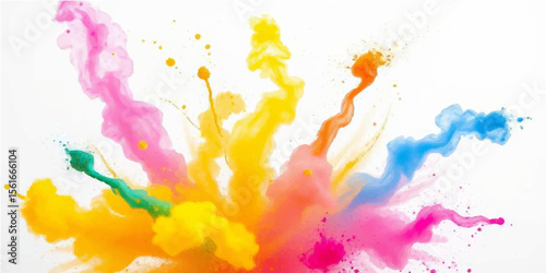 Abstract watercolor background with colorful paint splashes, floral designs, and ink blot textures