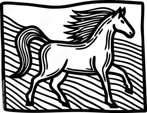 Stylized horse illustration in motion, black and white line art on abstract landscape background, wild freedom concept