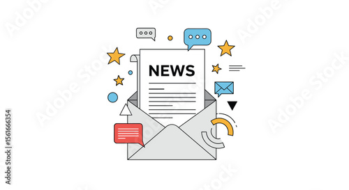 Breaking News Alert Delivered Via Email With Digital Communication Symbols Floating Around the Document