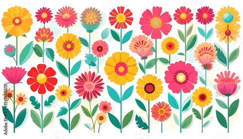 Vibrant vector illustration of various stylized flowers in full bloom with playful shapes and bright colors. Perfect for kids' art, stationery, spring designs, or decorative backgrounds.