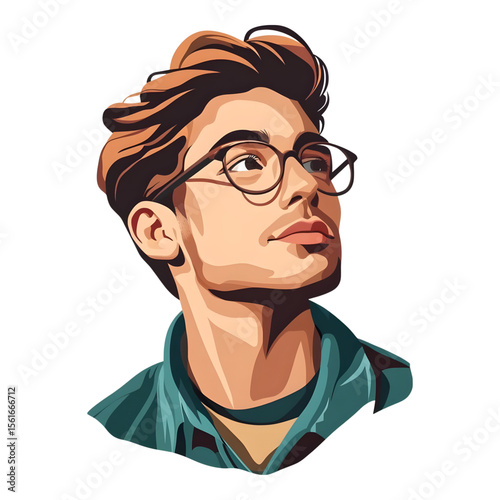 Young man in glasses pondering outdoors digital illustration urban environment thoughtful perspective