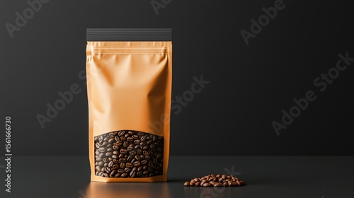 modern packaging mockup for coffee beans in flat-bottom bag, zip-lock top, subtle reflection on glossy black background, soft studio light, realistic shadows, blank front panel, professional