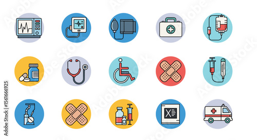 Collection of Medical and Healthcare Related Icons Representing Essential Health Services and Equipment