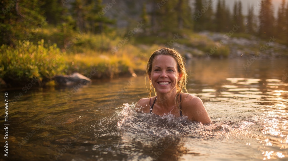 Fototapeta premium Happy woman swimming in clear river surrounded by nature during sunny day.