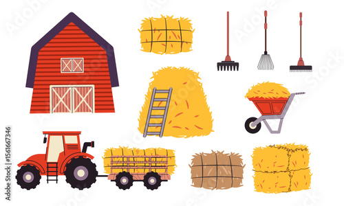 red barn object collection tractor pulling brim hay stacked plow tools wheat agricultural farm equipment hay bales ladder rakes and a pitchfork