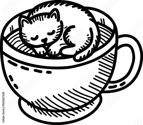 Adorable kitten curled up sleeping inside large teacup cute small cat resting, cozy nap illustration