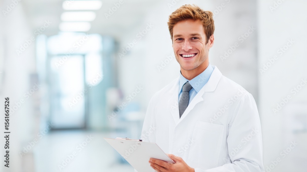 Fototapeta premium Friendly smiling male doctor holding clipboard in hospital corridor with bright lighting.