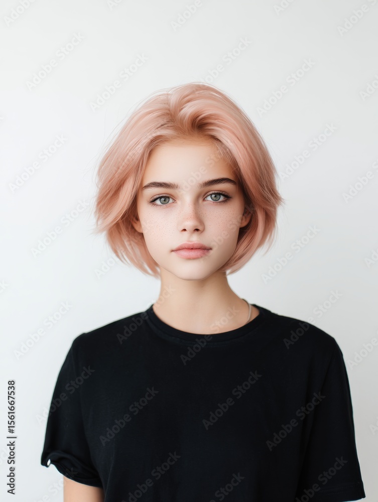 Young woman with pastel pink hair styled in a messy bob wearing a black T-shirt. Young woman with pastel pink hair styled in a messy bob wearing a black T-shirt.