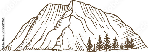 Rocky mountain landscape with evergreen trees hand drawn sketch, wilderness nature, outdoors adventure concept