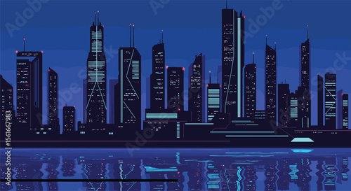 A vibrant pixelated cityscape with towering illuminated skyscrapers reflected in the tranquil water below under a dark night sky