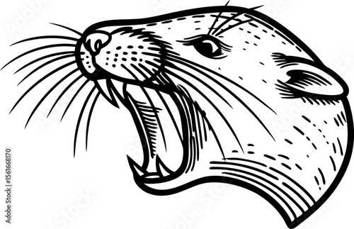 Roaring wild cat head illustration open mouth, sharp fangs, aggressive feline animal, black and white sketch