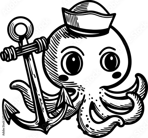 Cute octopus in sailor hat holding anchor nautical sea animal illustration, marine adventure mascot