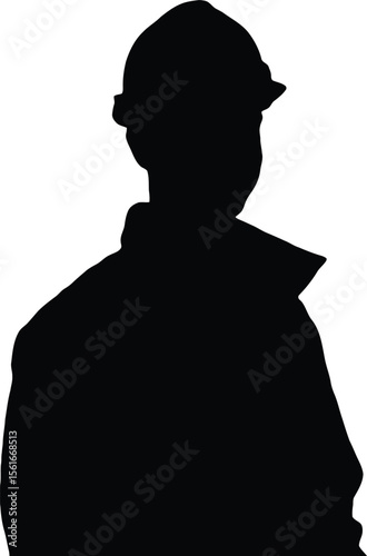Silhouette of a Construction Worker Wearing a Hard Hat and Jacket Standing Against a White Background
