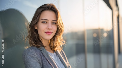 Free Download Beautiful young woman smiling outdoors with sunlight reflecting on glass window during sunset. - GFXLoad