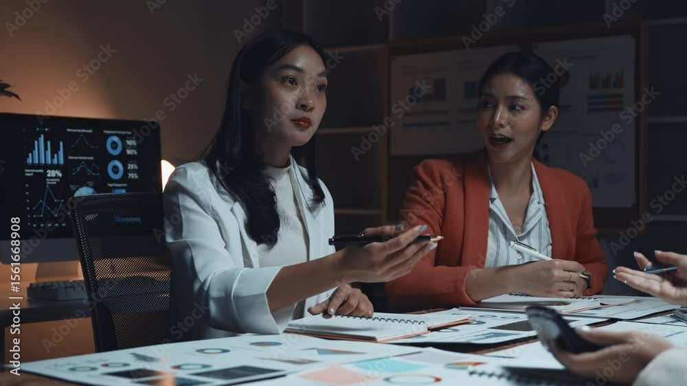 Two asian businesswomen discussing marketing strategy during a night meeting in a modern office Two asian businesswomen discussing marketing strategy during a night meeting in a modern office
