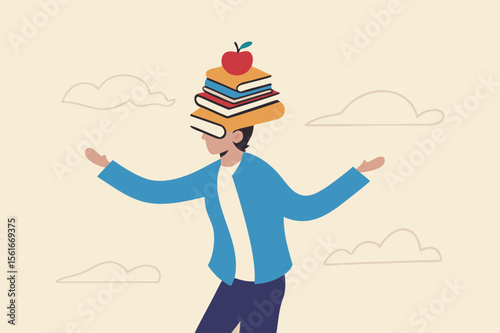 Business development books, learning or studying new skill for self improvement and success in work, education or knowledge concept, smart businessman balance books stack on his head with apple on top