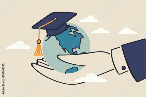  Study abroad world education curriculum, overseas school, college and university or international academic concept, success graduated student holding globe shape wearing academic mortarboard hat.