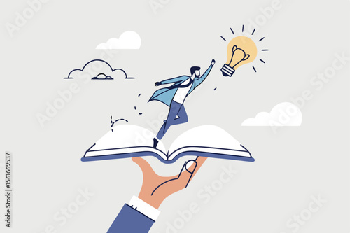 Effective learning new knowledge lead to success, wisdom or idea creativity, literature or inspiration, opportunity advice concept, young man running on opening book with stair up to lightbulb idea