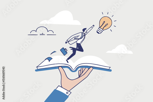 Effective learning new knowledge lead to success, wisdom or idea creativity, literature or inspiration, opportunity advice concept, young man running on opening book with stair up to lightbulb idea