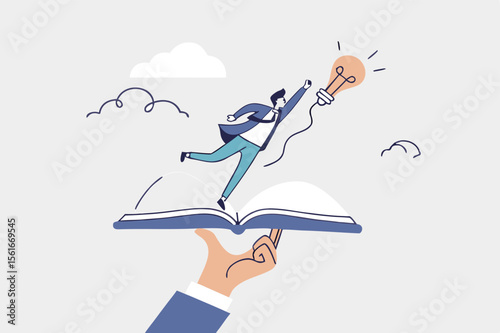 Effective learning new knowledge lead to success, wisdom or idea creativity, literature or inspiration, opportunity advice concept, young man running on opening book with stair up to lightbulb idea