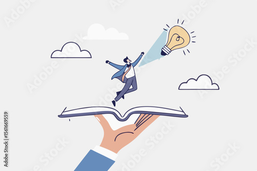 Effective learning new knowledge lead to success, wisdom or idea creativity, literature or inspiration, opportunity advice concept, young man running on opening book with stair up to lightbulb idea