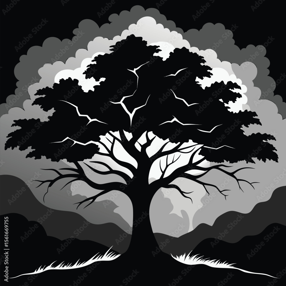 Obraz premium Majestic solitary oak tree silhouette against a vibrant sky