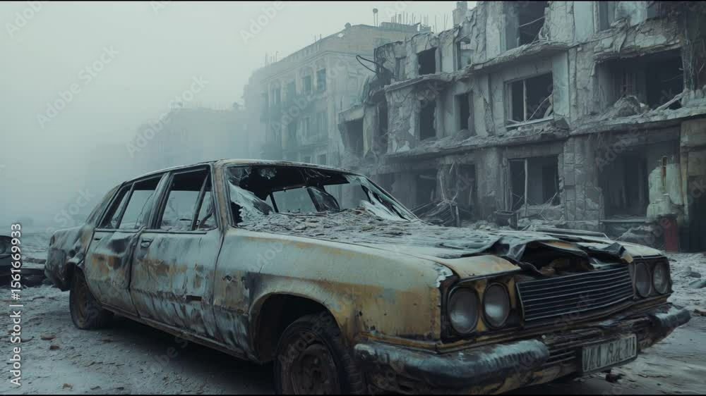 The camera moves around a rusty car parked on an empty street of a ruined city, shrouded in thick fog and ash.
