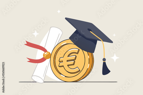  Education cost, tuition or scholarship, money for university or graduation, school expense or student debt, college diploma concept, Euro money coin with mortarboard graduation cap and certificate.
