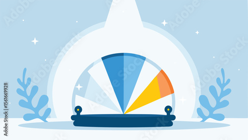 Illustration of a color wheel with blue, yellow, and orange hues on a platform stage setup