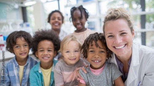 Diverse group of smiling children with adult woman in bright classroom setting.