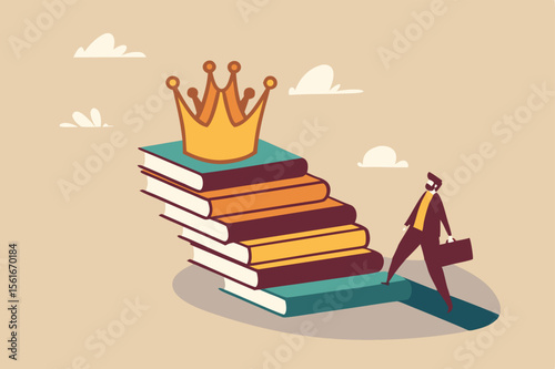 Education or knowledge steps to success, learning or study for skill development to achieve business success concept, businessman step up on stack of books as staircase to achieve crown at the top.