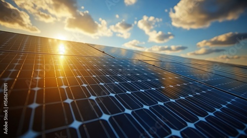 Fototapeta Naklejka Na Ścianę i Meble -  Close-up solar panels at sunset