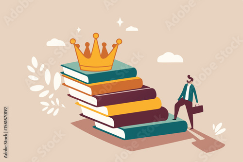 Education or knowledge steps to success, learning or study for skill development to achieve business success concept, businessman step up on stack of books as staircase to achieve crown at the top.