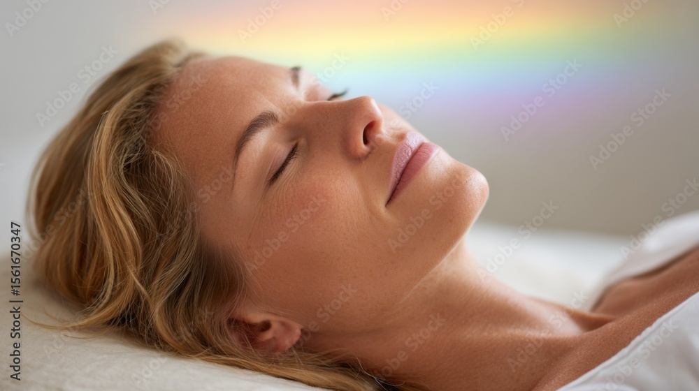 Fototapeta premium Relaxing woman with closed eyes lying on bed in bright room with natural light.