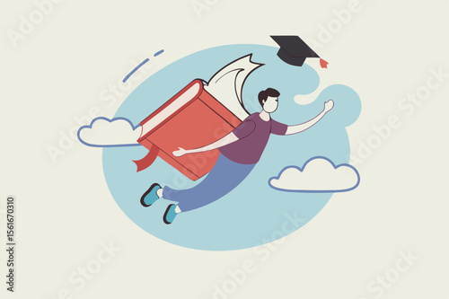 Education or academic on personal development, knowledge to empower career growth and improve business skill concept, success graduated student flying with book wings in the sky aim for bright future.