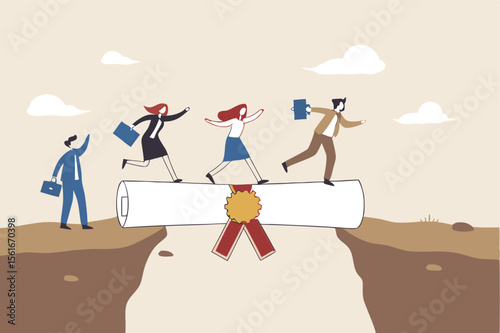 Education degree to help career growth businessman and woman use their education degrees as a bridge to overcome obstacles