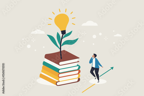 
Knowledge, wisdom to create new idea, creativity or innovation from reading books, education or learning new skill to success, study or library, smart young man with book stack with light bulb plant.