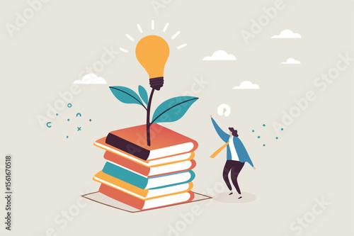 
Knowledge, wisdom to create new idea, creativity or innovation from reading books, education or learning new skill to success, study or library, smart young man with book stack with light bulb plant.