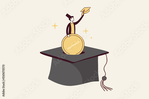 young woman with money coins into mortarboard saving box holding degree scroll, Education fund for college, study fee or training cost concept, savings for school or university tuition fee.