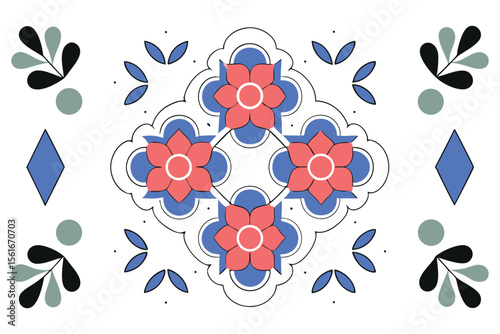 Symmetrical geometric floral patterns with repeating bloom motifs