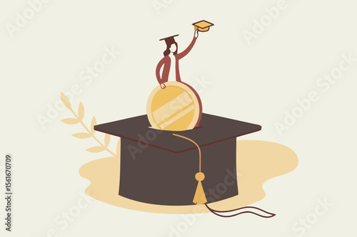 young woman with money coins into mortarboard saving box holding degree scroll, Education fund for college, study fee or training cost concept, savings for school or university tuition fee.