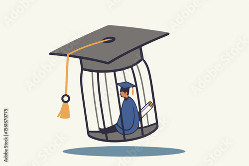 Student loan debt, expensive cost for education. Depressed confused graduated student in birdcage with graduation cap. Flat vector illustration