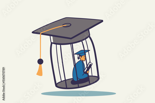 Student loan debt, expensive cost for education. Depressed confused graduated student in birdcage with graduation cap. Flat vector illustration